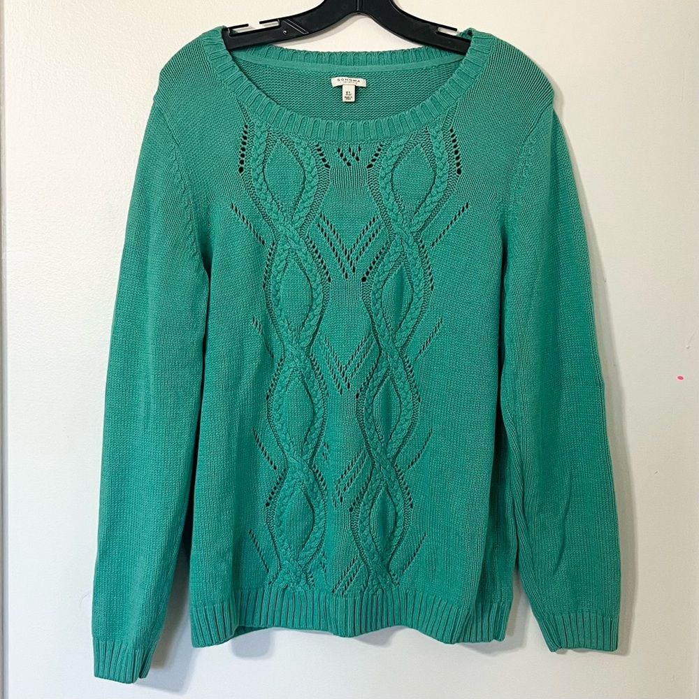 Sonoma Emerald Green Cable Knit Sweater Classic Preppy Cozy Fall Pullover Top XL